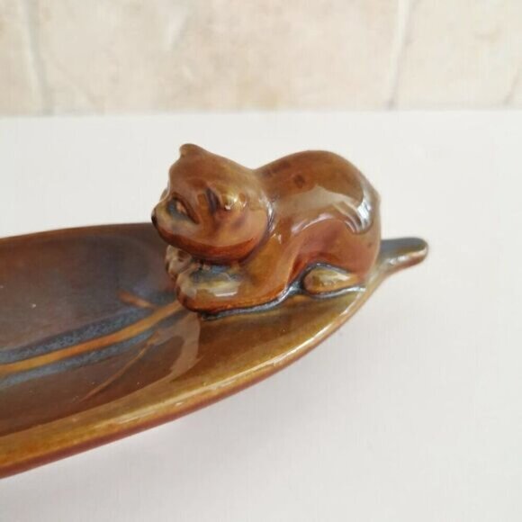Cat Incense Holder Stick Burner Leaf Brown Ceramic Animal Figure - Picture 6 of 9
